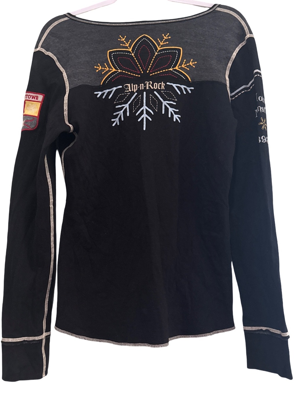 Alp N Rock Womens LARGE Black Embroidered Long Sleeve Henley Ski Stowe Thermal - Picture 2 of 9